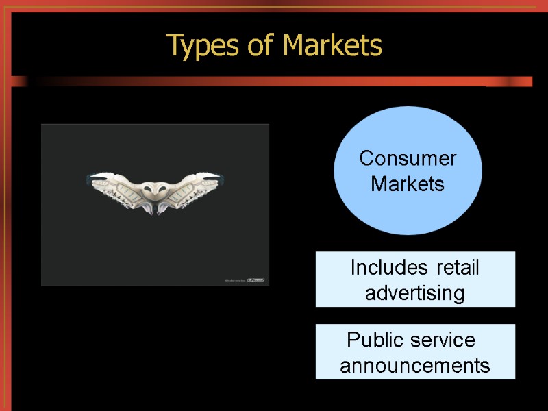 Types of Markets Includes retail advertising Public service  announcements Consumer Markets